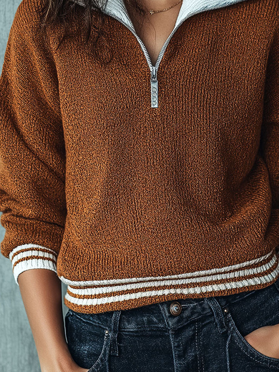 Canuck™| Retro Stripe Brown Half-Zip Pullover Sweater With Contrast Collar