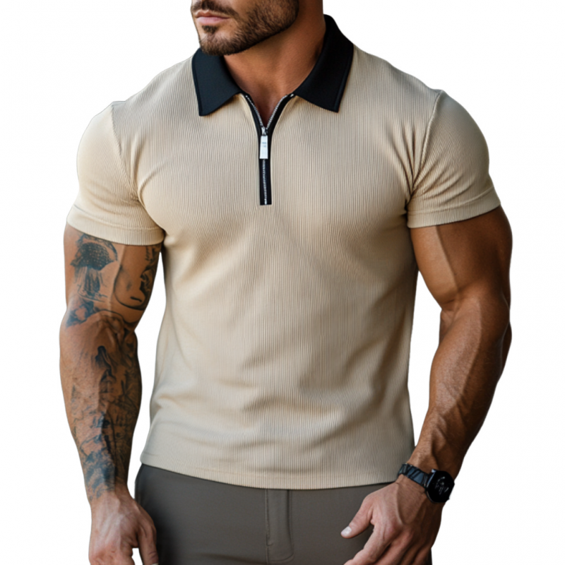 Canuck™| Casual Cotton Blended Ribbed Colorblock Zipper Lapel Slim Short Sleeve Polo Shirt