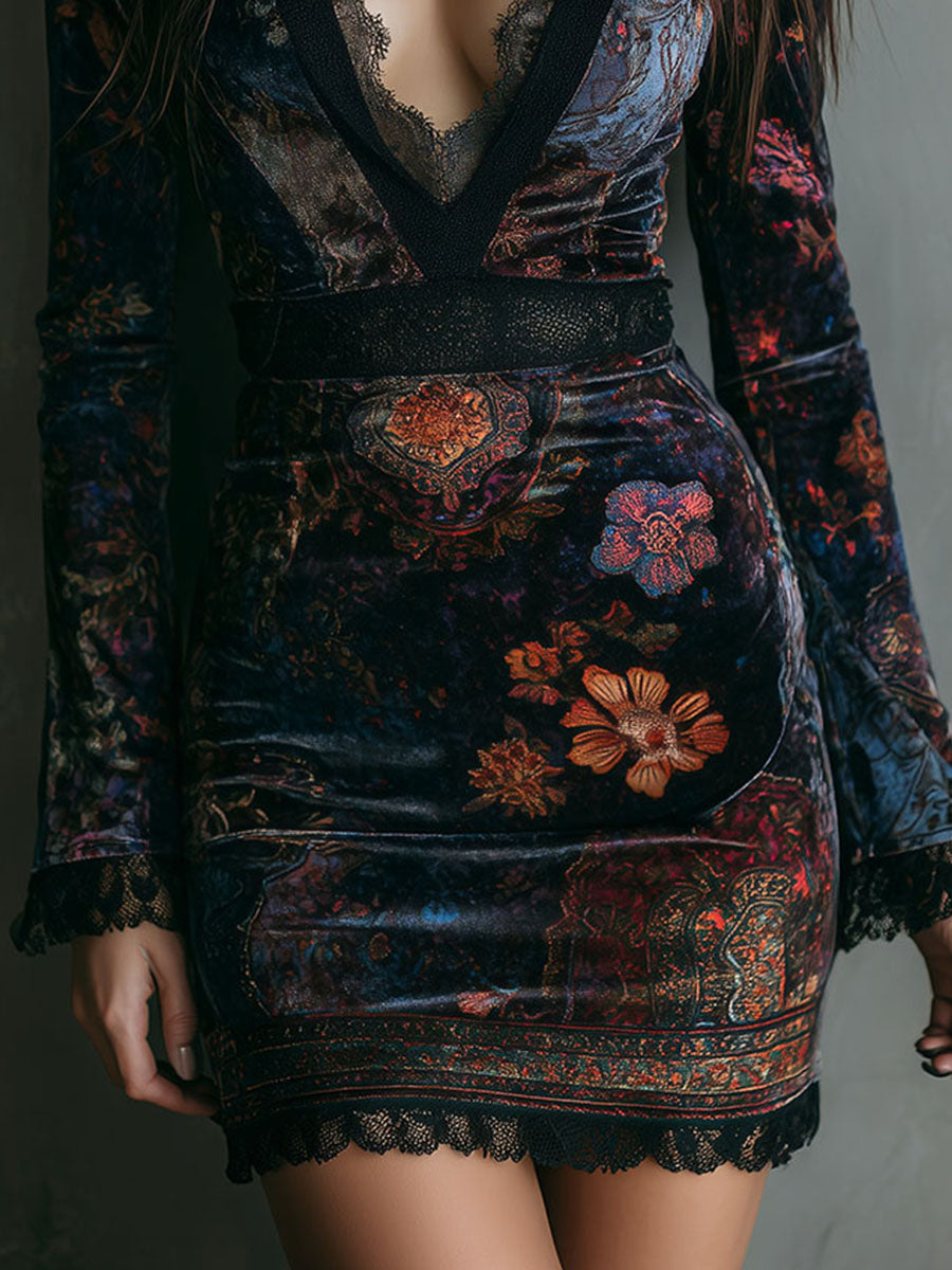 Canuck™| Boho Floral Print V-Neck Velvet Bodycon Mini Dress With Lace Trim