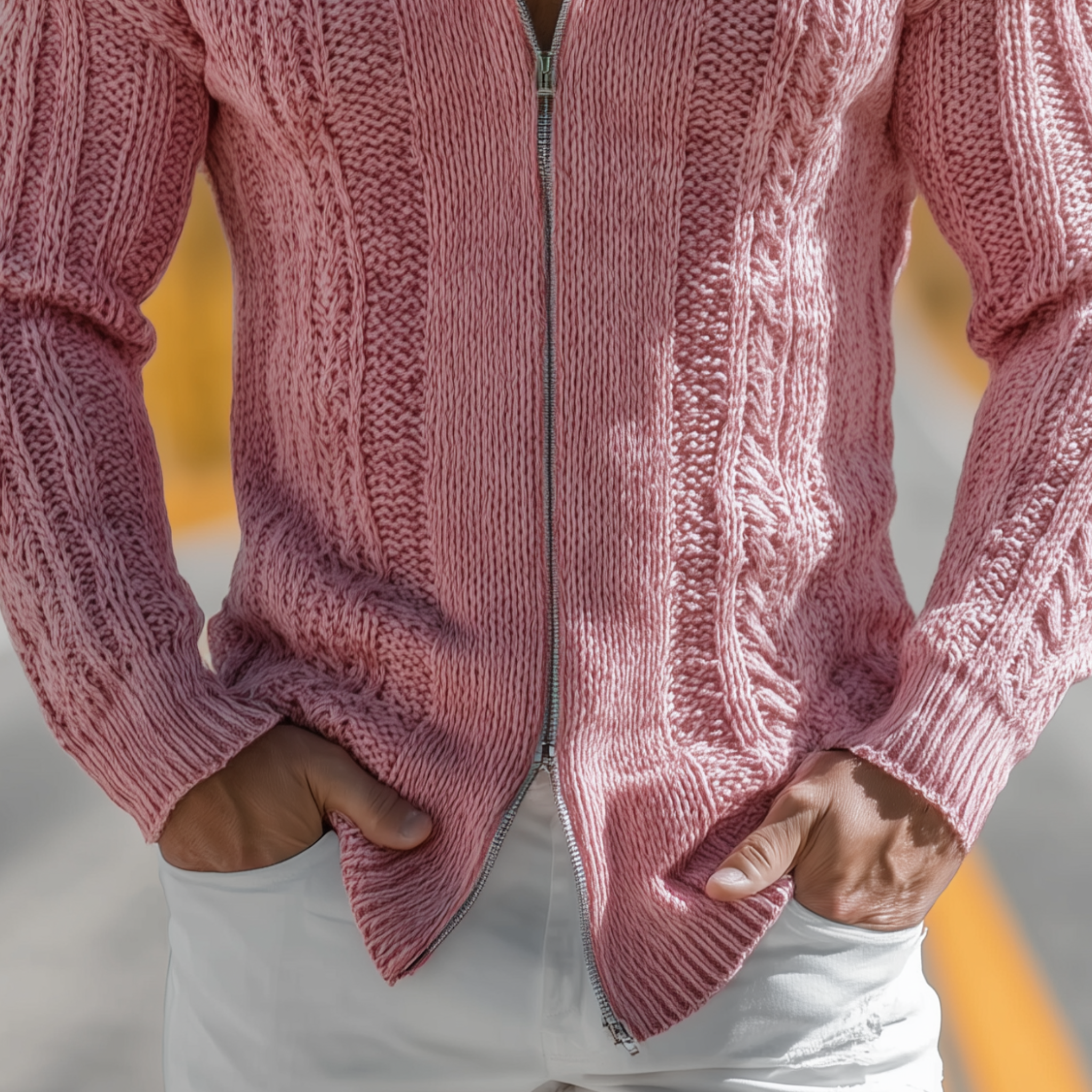 Canuck™| Classic Casual Western Tough Style Stand Collar Zipper Slim Pink Knit Cardigan