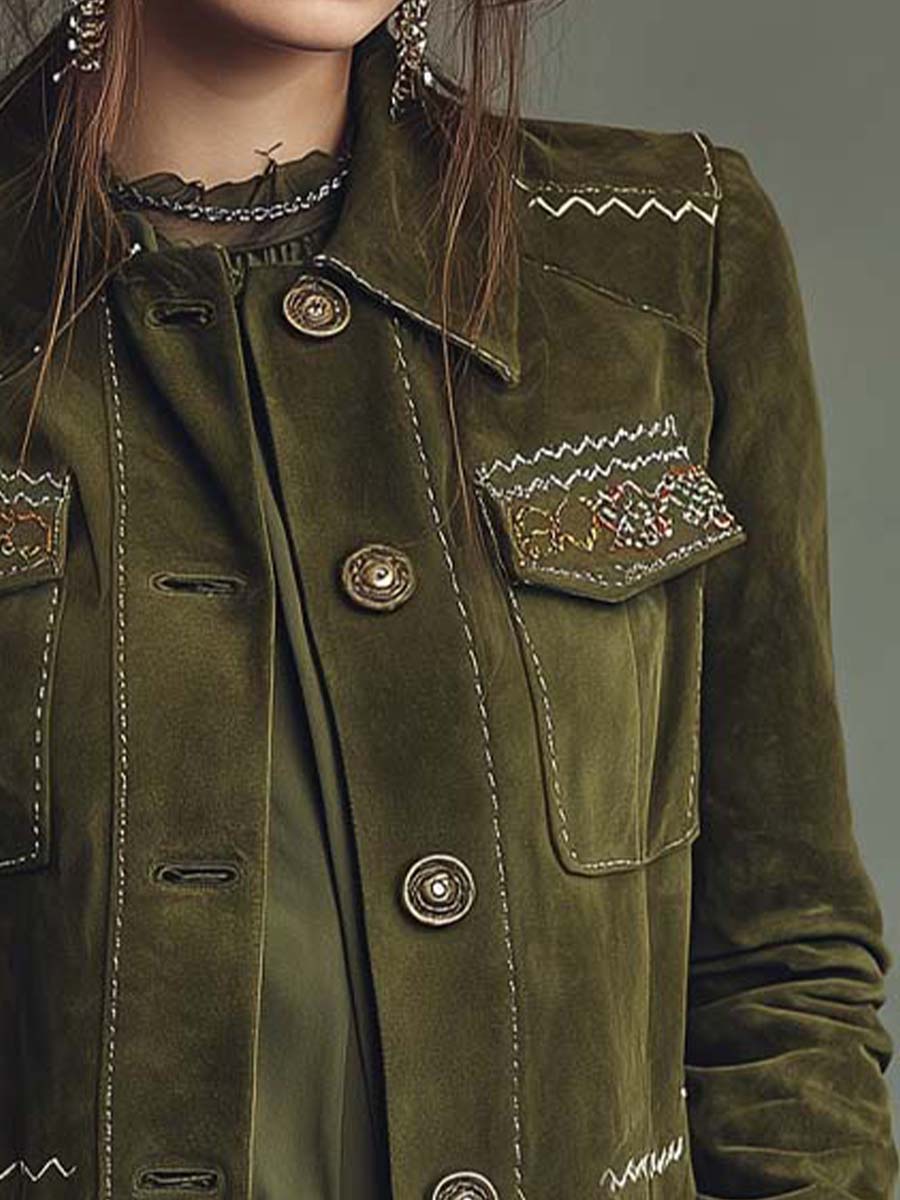 Canuck™| Olive Green Embroidered Suede Longline Coat
