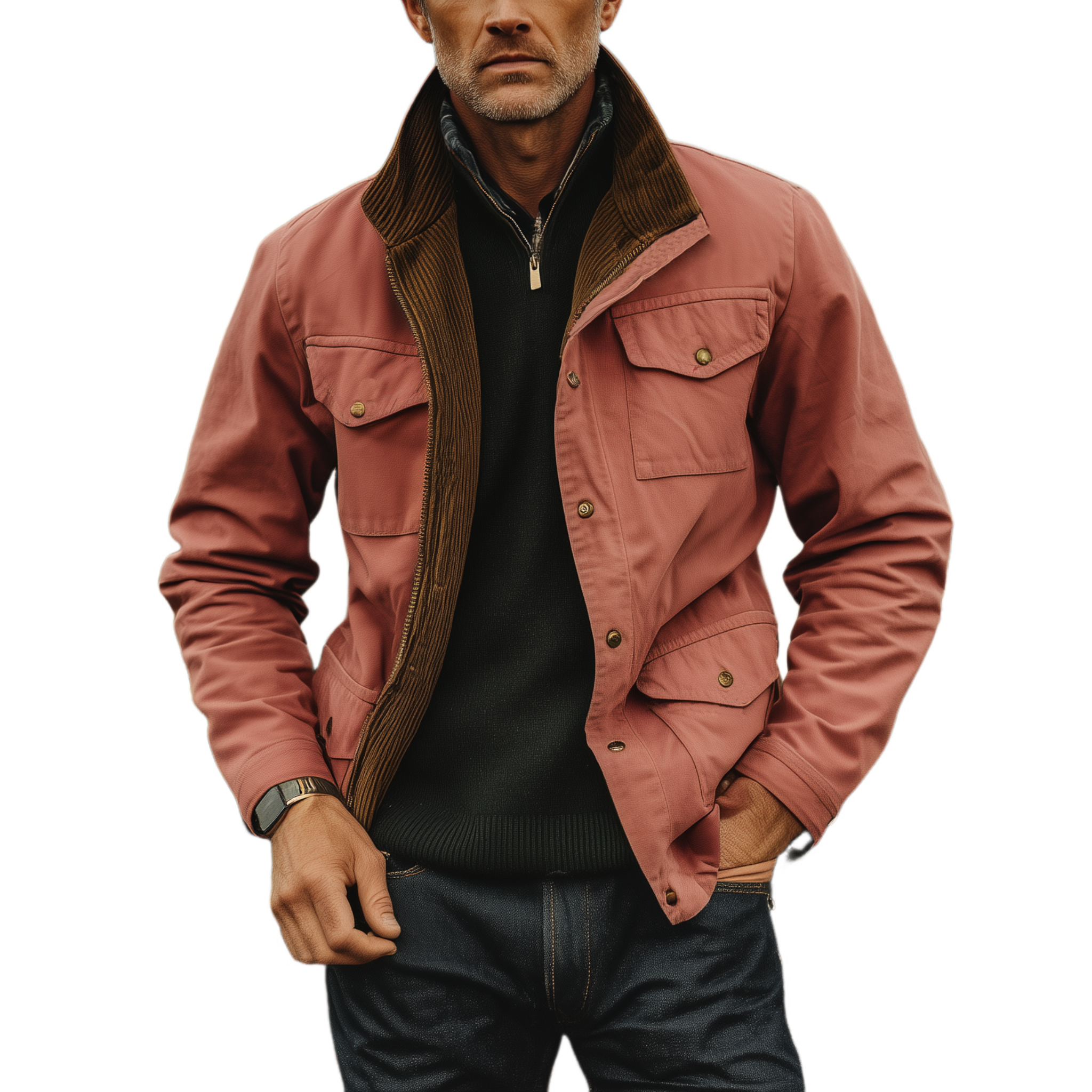 Canuck™| Classic Western Retro Style Stand Collar Multi-pocket Zipper Pink Cotton Blend Jacket