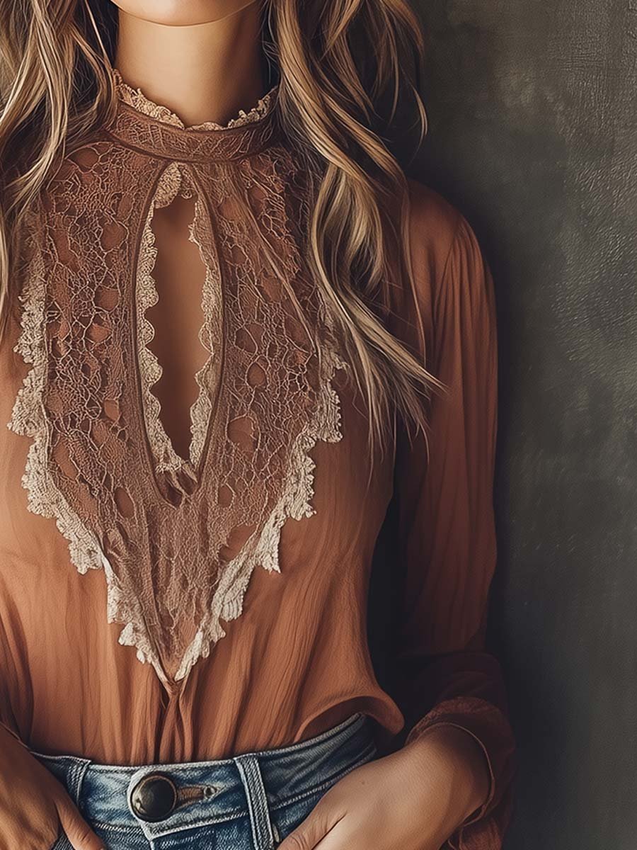 Canuck™| Elegant Keyhole Lace-Accent Blouse in Warm Cinnamon