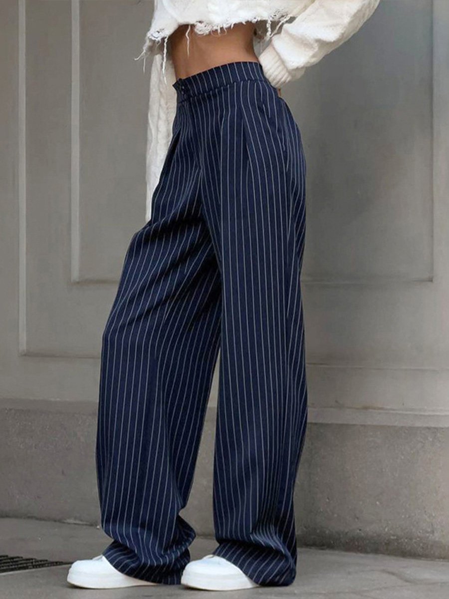 Canuck™| Casual Navy Blue Striped Wide-leg Pants