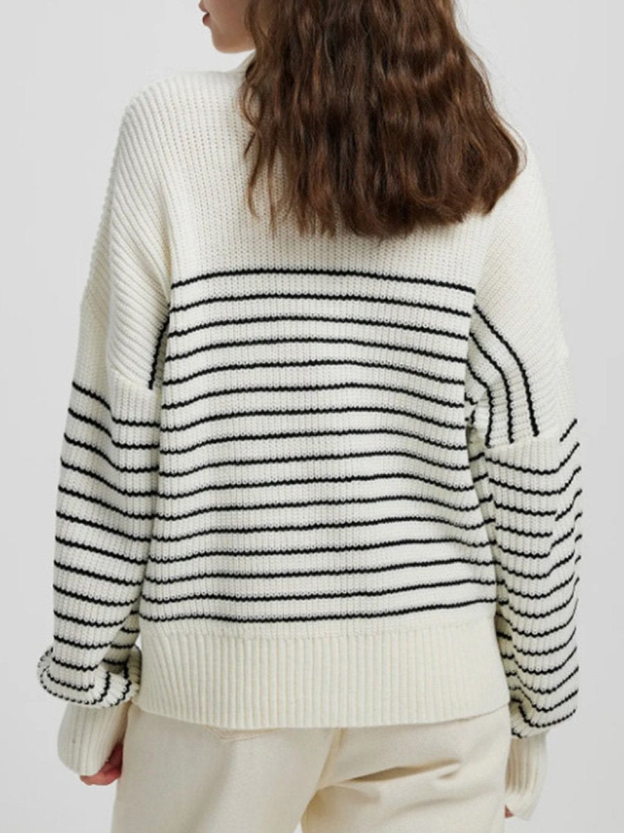 Canuck™| Turtleneck Striped Colorblock Long Sleeve Zipper Pullover Knit Sweater
