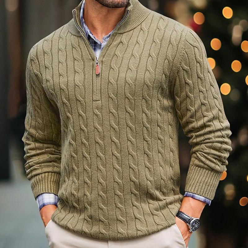 Canuck™| Solid Cable Knit Half High Collar Long Sleeve Sweater
