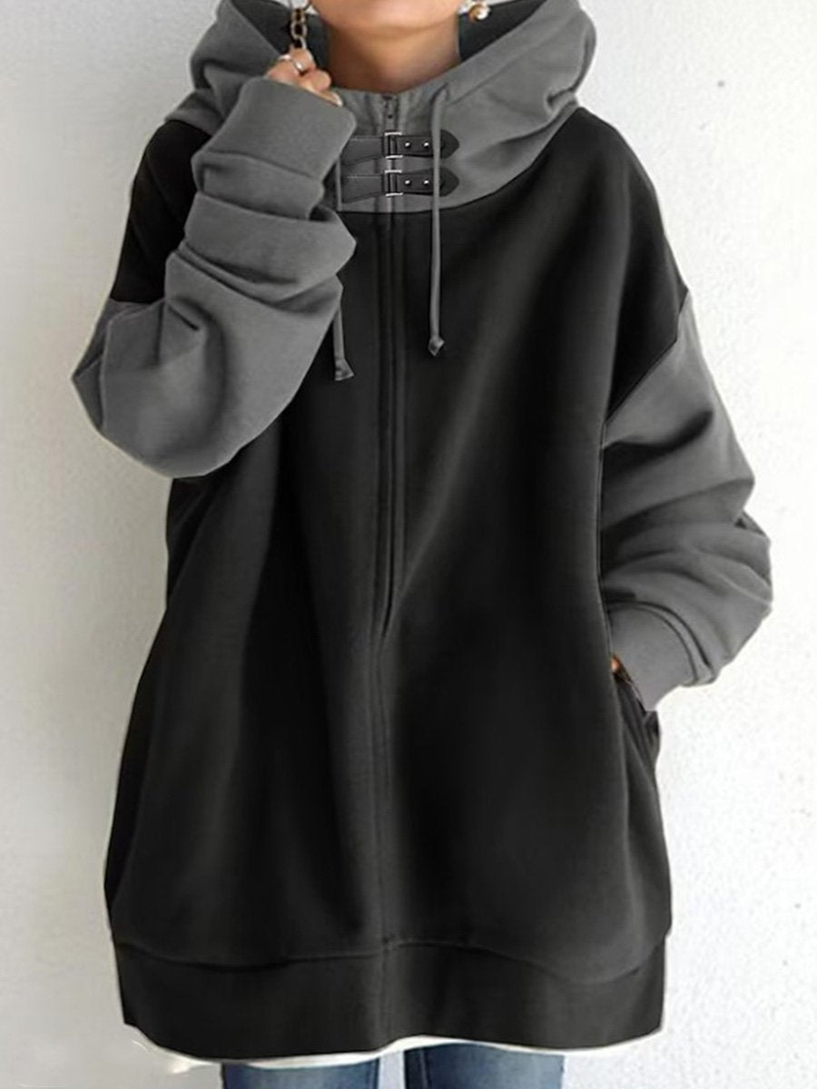 Canuck™| Casual Loose Patchwork Hooded Zipper Long Sleeve Sweatshirt