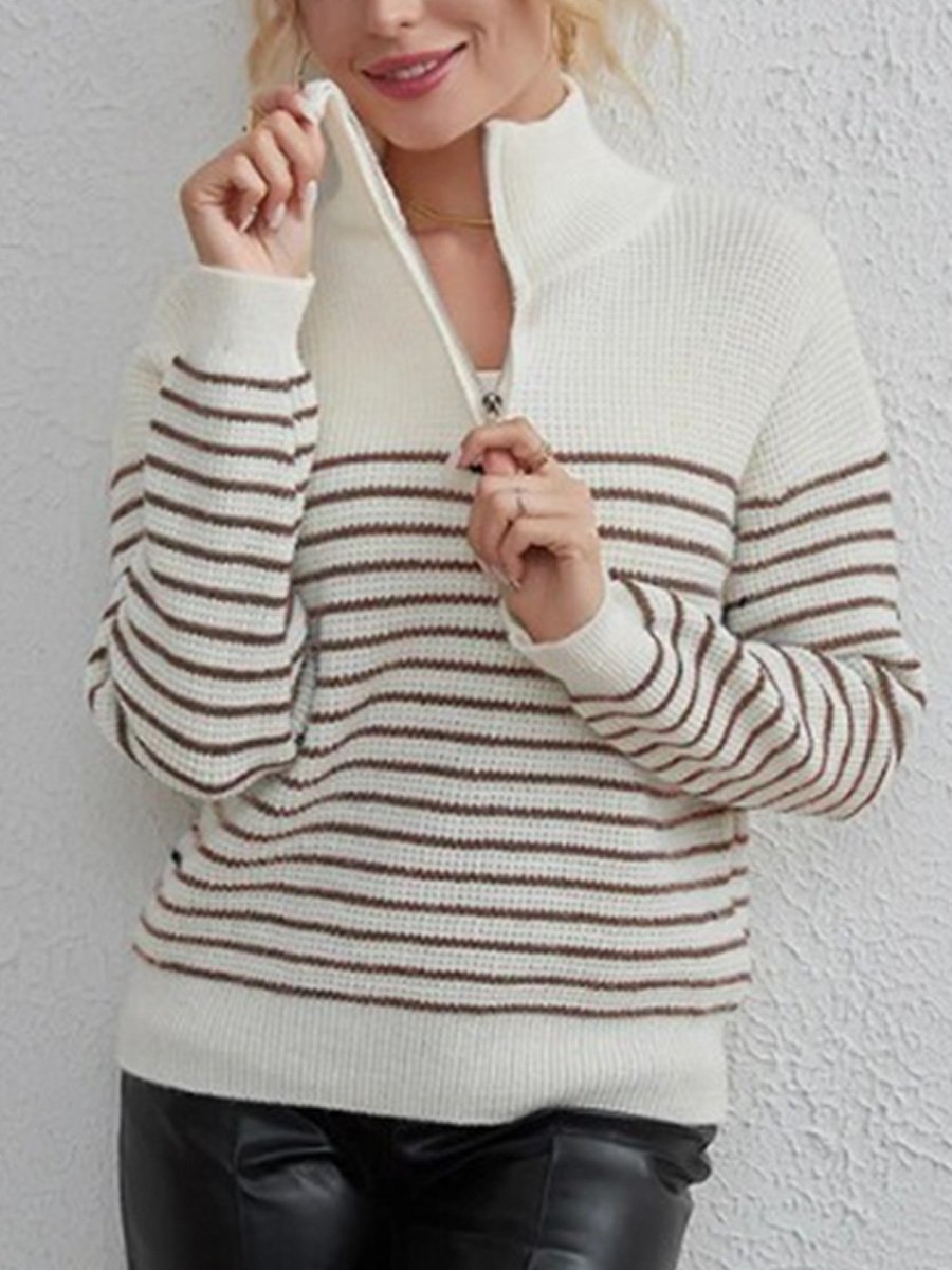 Canuck™| Turtleneck Striped Colorblock Long Sleeve Zipper Pullover Knit Sweater