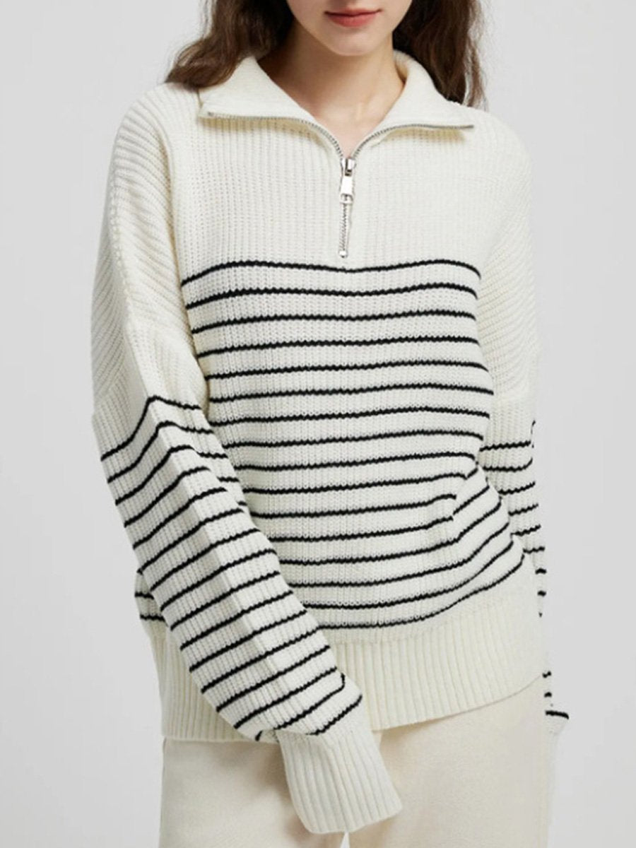 Canuck™| Turtleneck Striped Colorblock Long Sleeve Zipper Pullover Knit Sweater