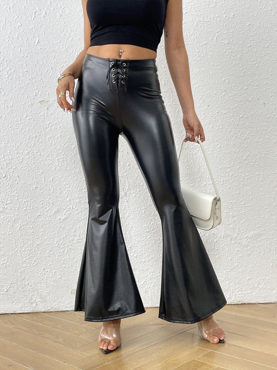 Canuck™| Fashionable Shiny Leather Elastic Waist Slim Flared Leather Trousers