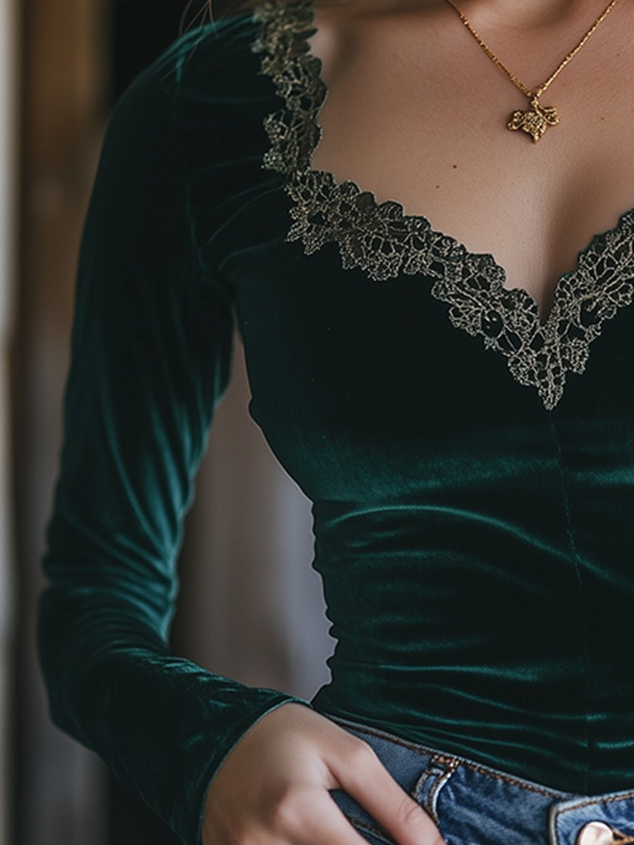 Canuck™| V-neck Velvet Lace Slim-fit Long-sleeved Shirt
