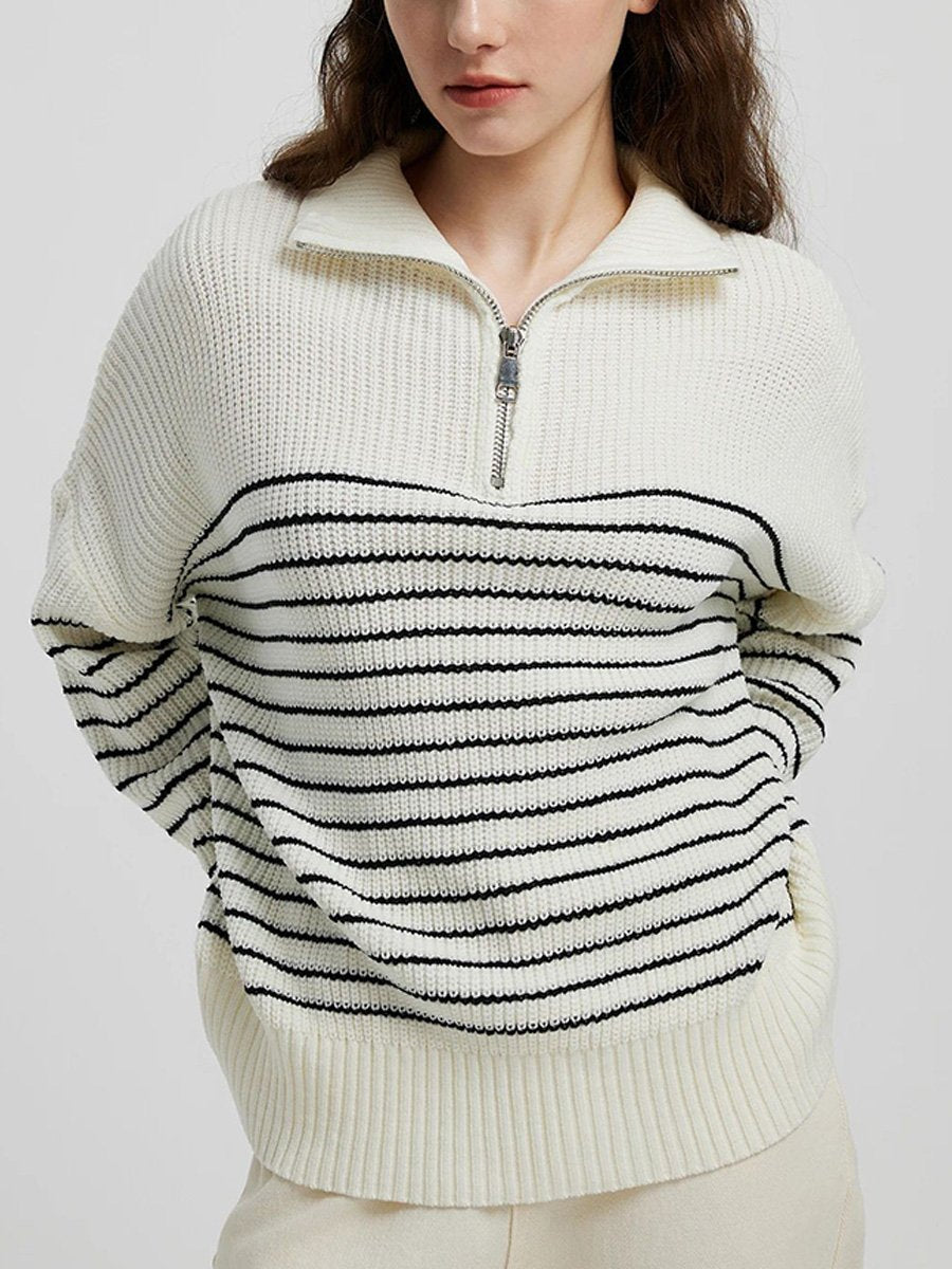 Canuck™| Turtleneck Striped Colorblock Long Sleeve Zipper Pullover Knit Sweater