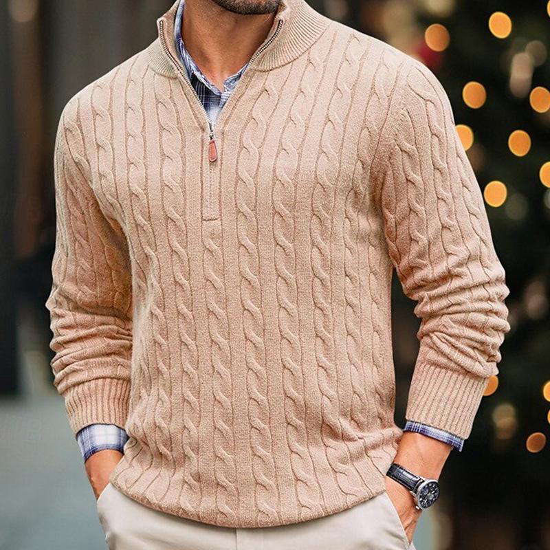 Canuck™| Solid Cable Knit Half High Collar Long Sleeve Sweater