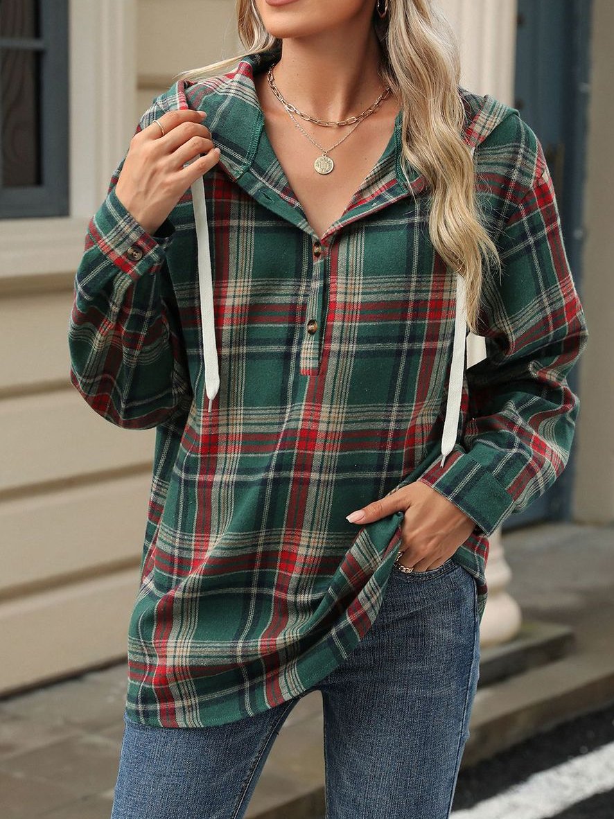 Canuck™| Retro Loose Fit Long Sleeve Button Plaid Hoodie