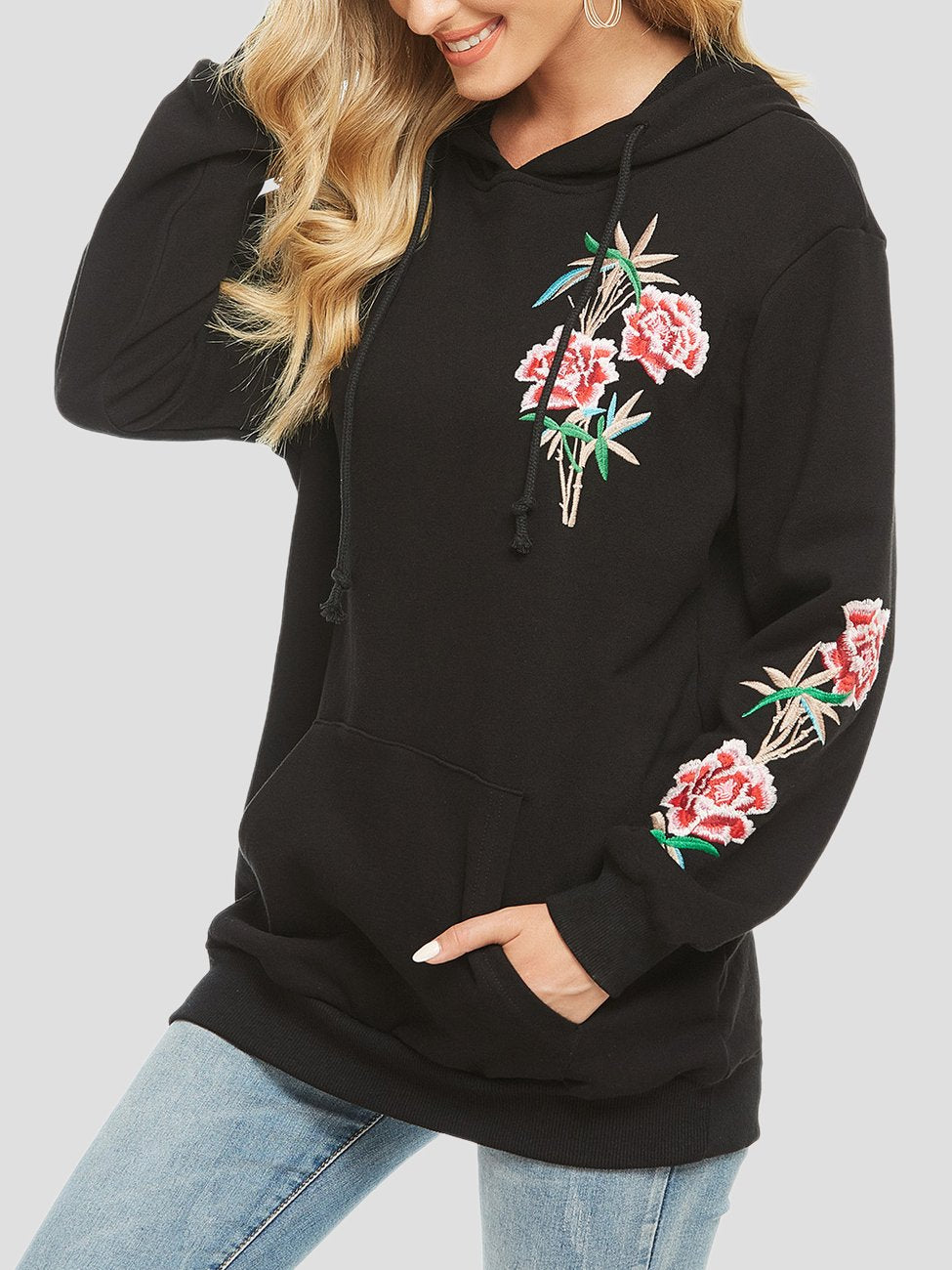 Canuck™| Elegant Floral Embroidered Mid-length Hoodie