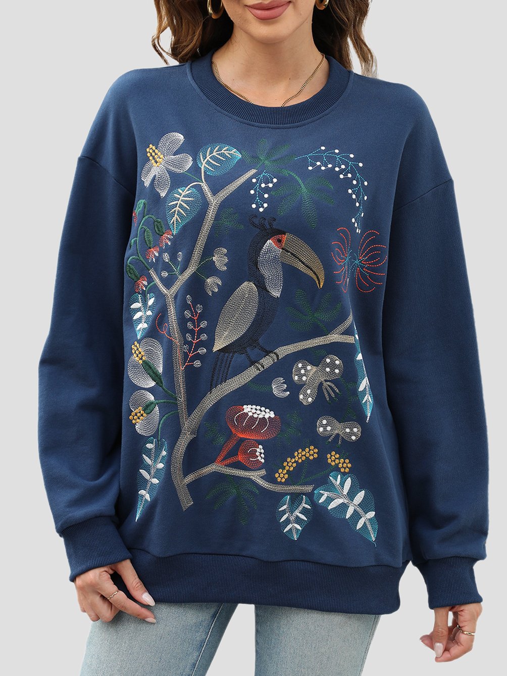 Canuck™| Floral and Bird Embroidered Ribbed Loose-Fitting Sweatshirt