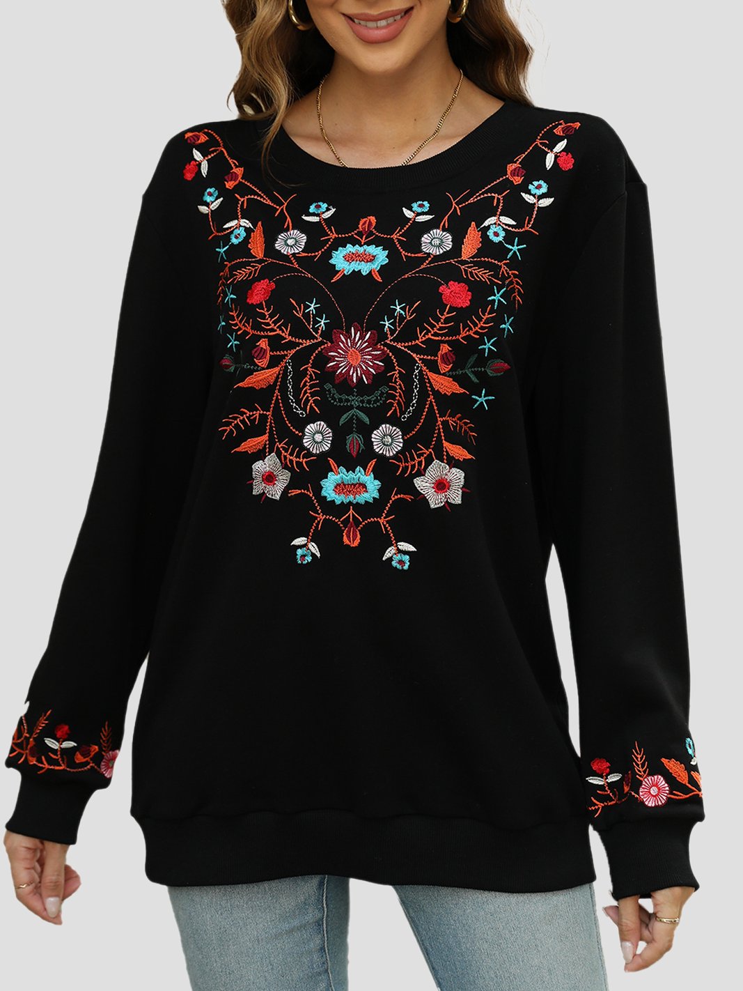 Canuck™| Elegant Floral Embroidered Ribbed Loose-Fitting Sweatshirt
