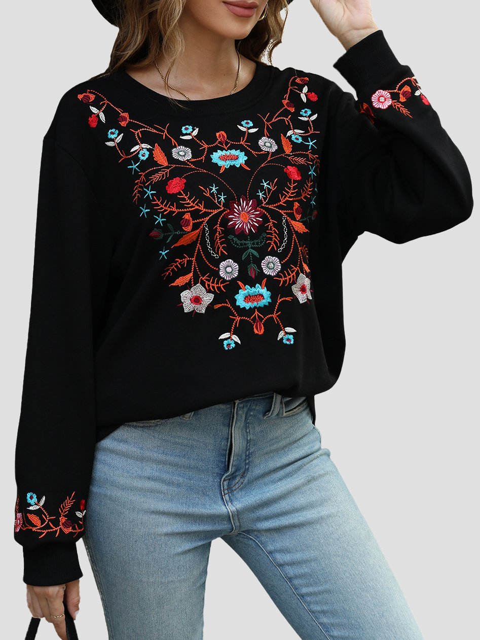 Canuck™| Elegant Floral Embroidered Ribbed Loose-Fitting Sweatshirt