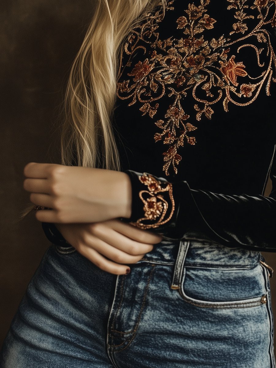 Canuck™| Elegant Turtle Neck Embroidery Velvet Long Sleeves Top