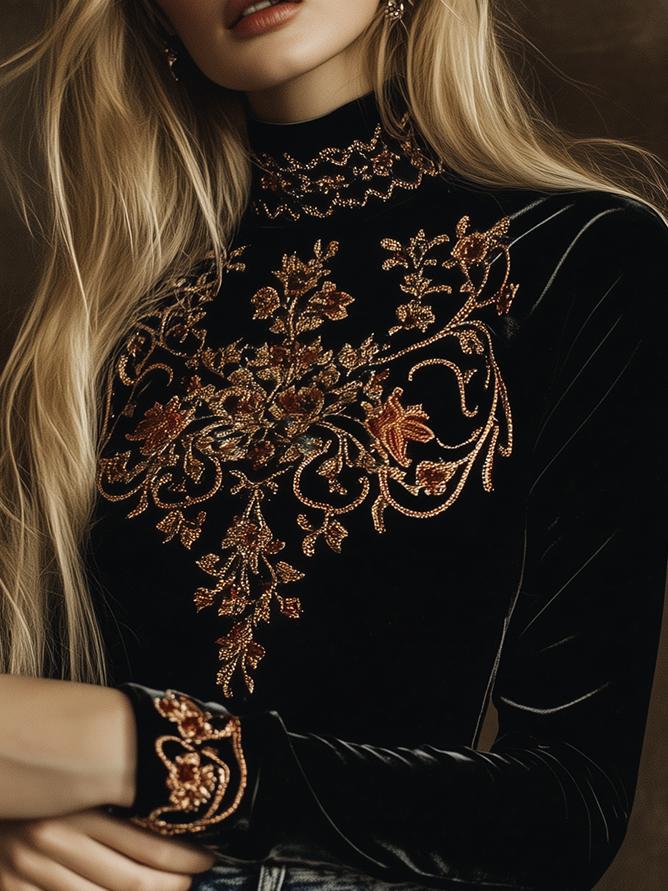 Canuck™| Elegant Turtle Neck Embroidery Velvet Long Sleeves Top