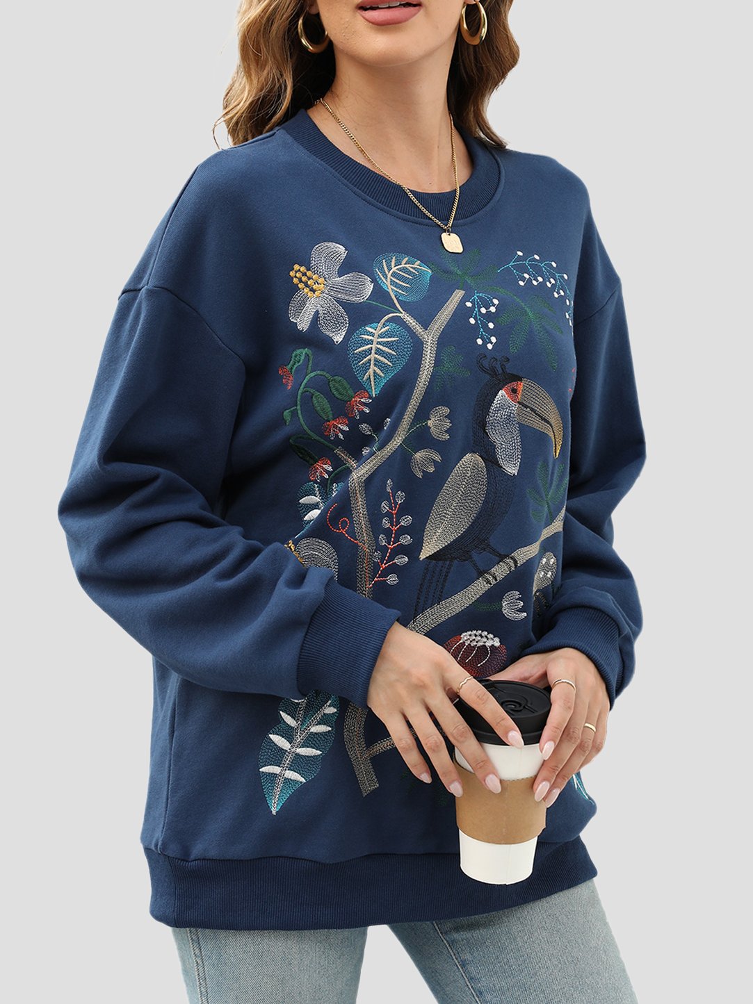 Canuck™| Floral and Bird Embroidered Ribbed Loose-Fitting Sweatshirt