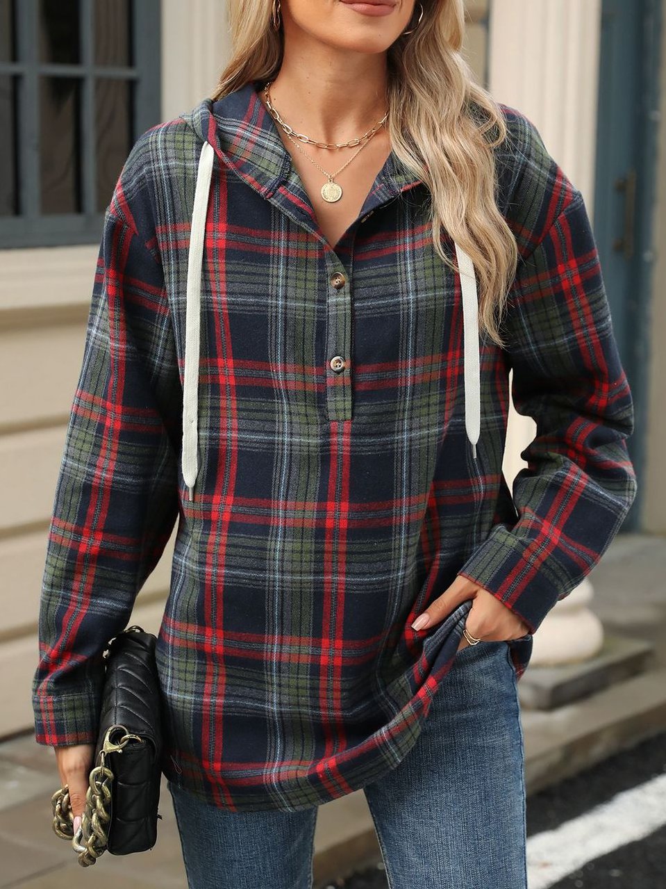 Canuck™| Retro Loose Fit Long Sleeve Button Plaid Hoodie