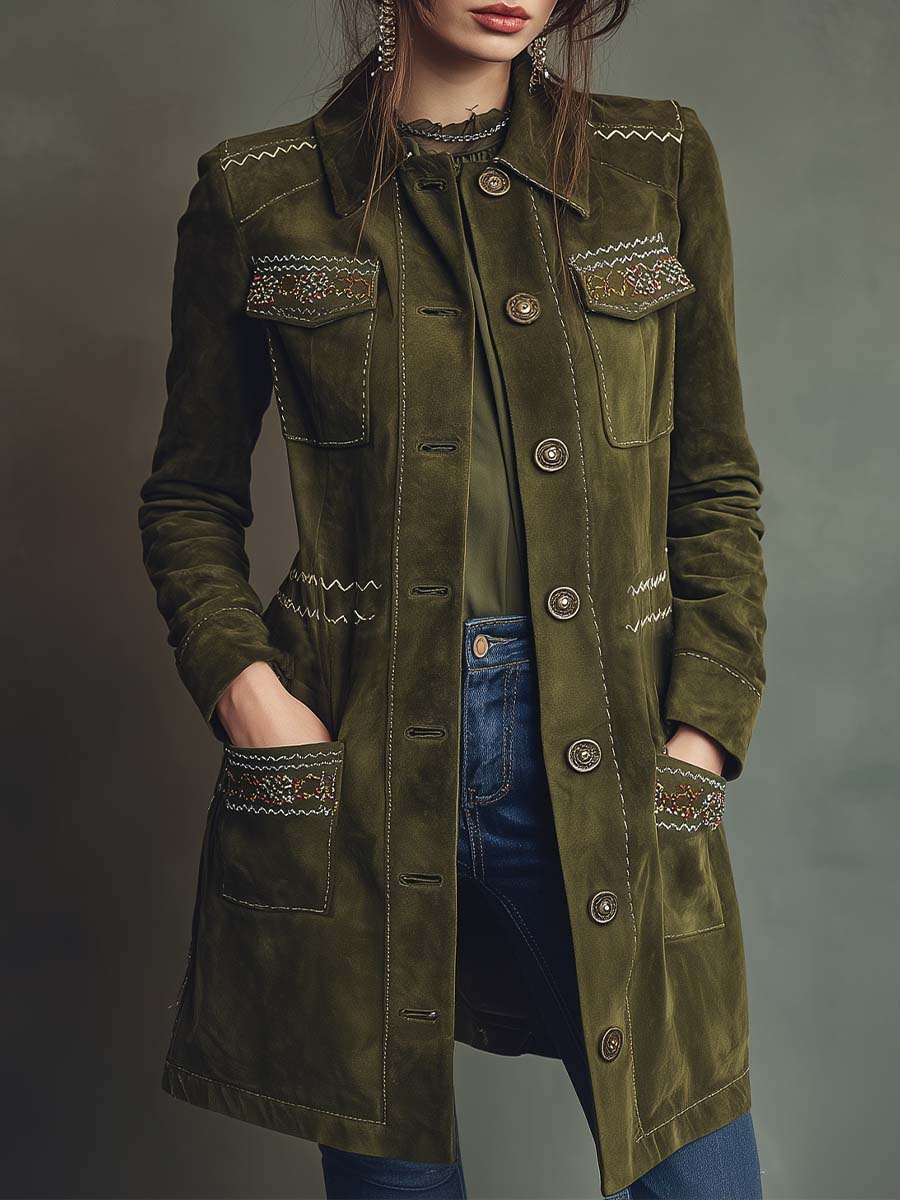 Canuck™| Olive Green Embroidered Suede Longline Coat