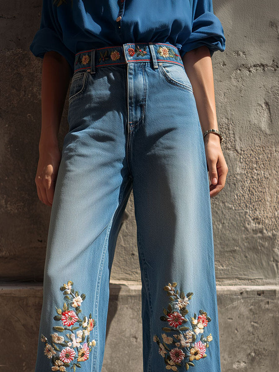 Canuck™| High-Waisted Cropped Wide-Leg Jeans With Floral Embroidery
