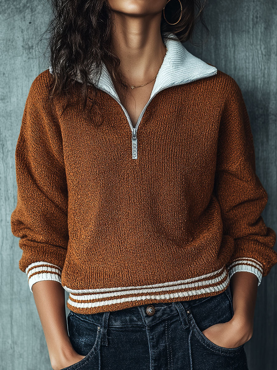Canuck™| Retro Stripe Brown Half-Zip Pullover Sweater With Contrast Collar