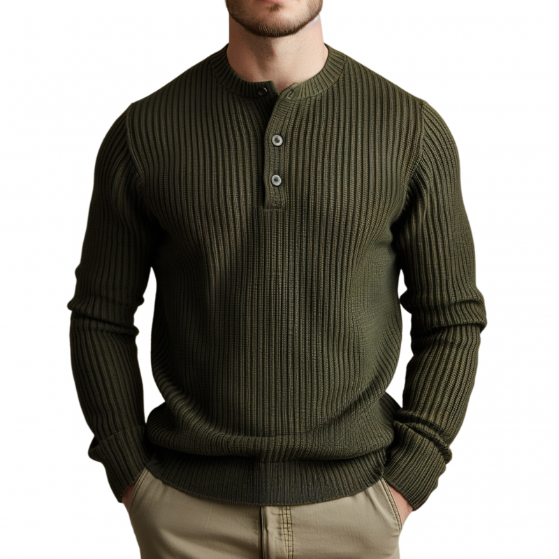 Canuck™| Casual Solid Color Henley Collar Slim Fit Knit Long Sleeve Pullover Sweater