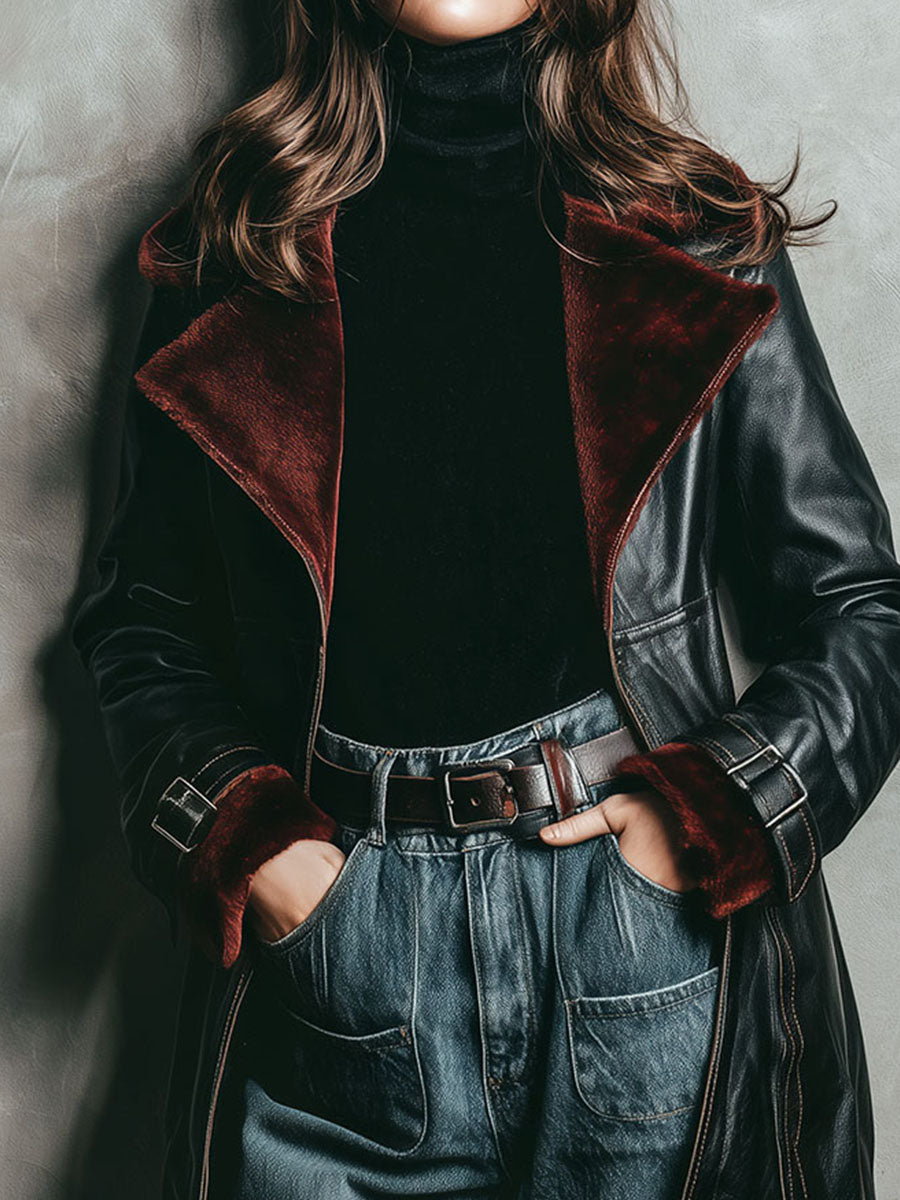 Canuck™| Retro Black Eco Leather & Burgundy Shearling Lining Coat With Buckle Cuffs