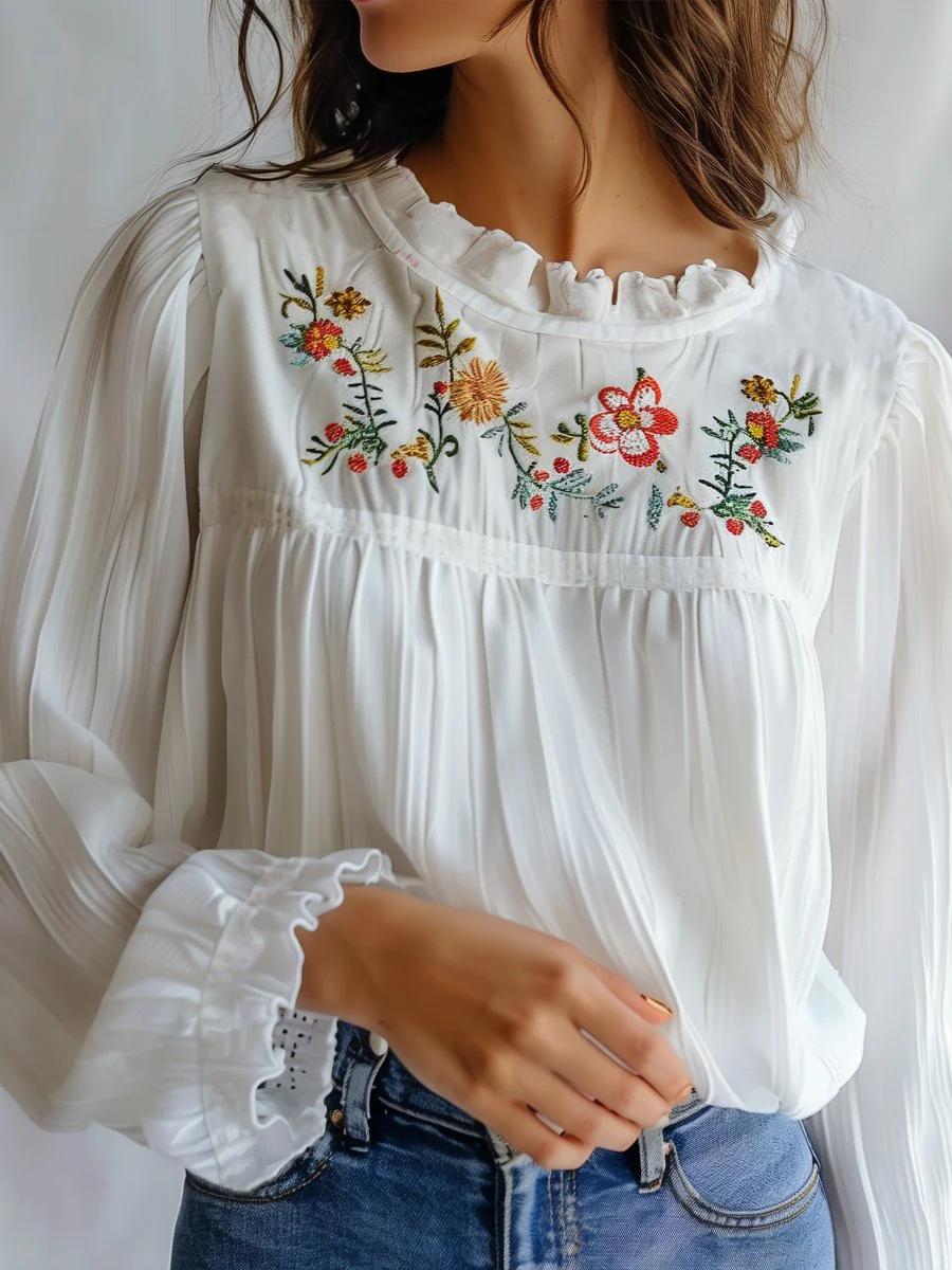 Canuck™| Lace Collar White Embroidered Blouse