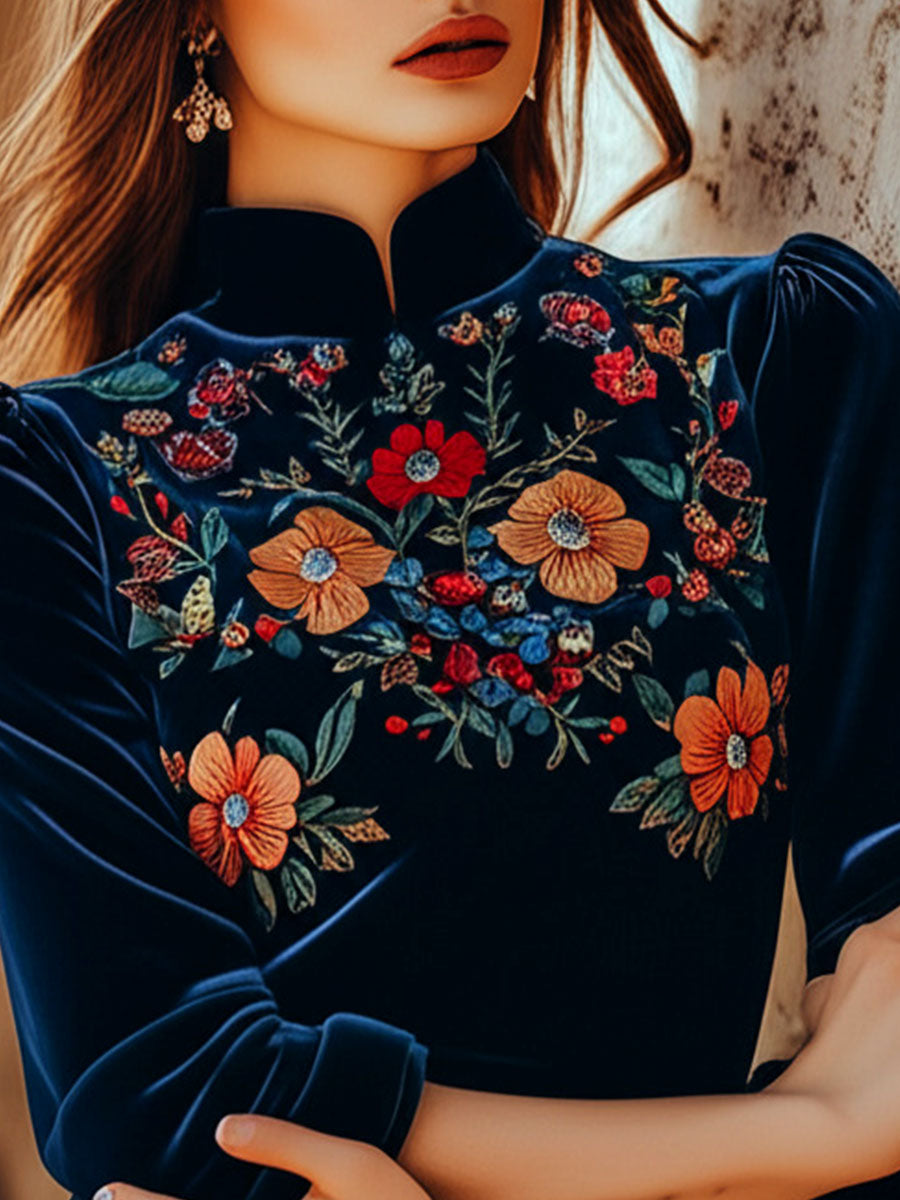 Canuck™| Elegant Stand Collar Embroidery Velvet Long Sleeves Top