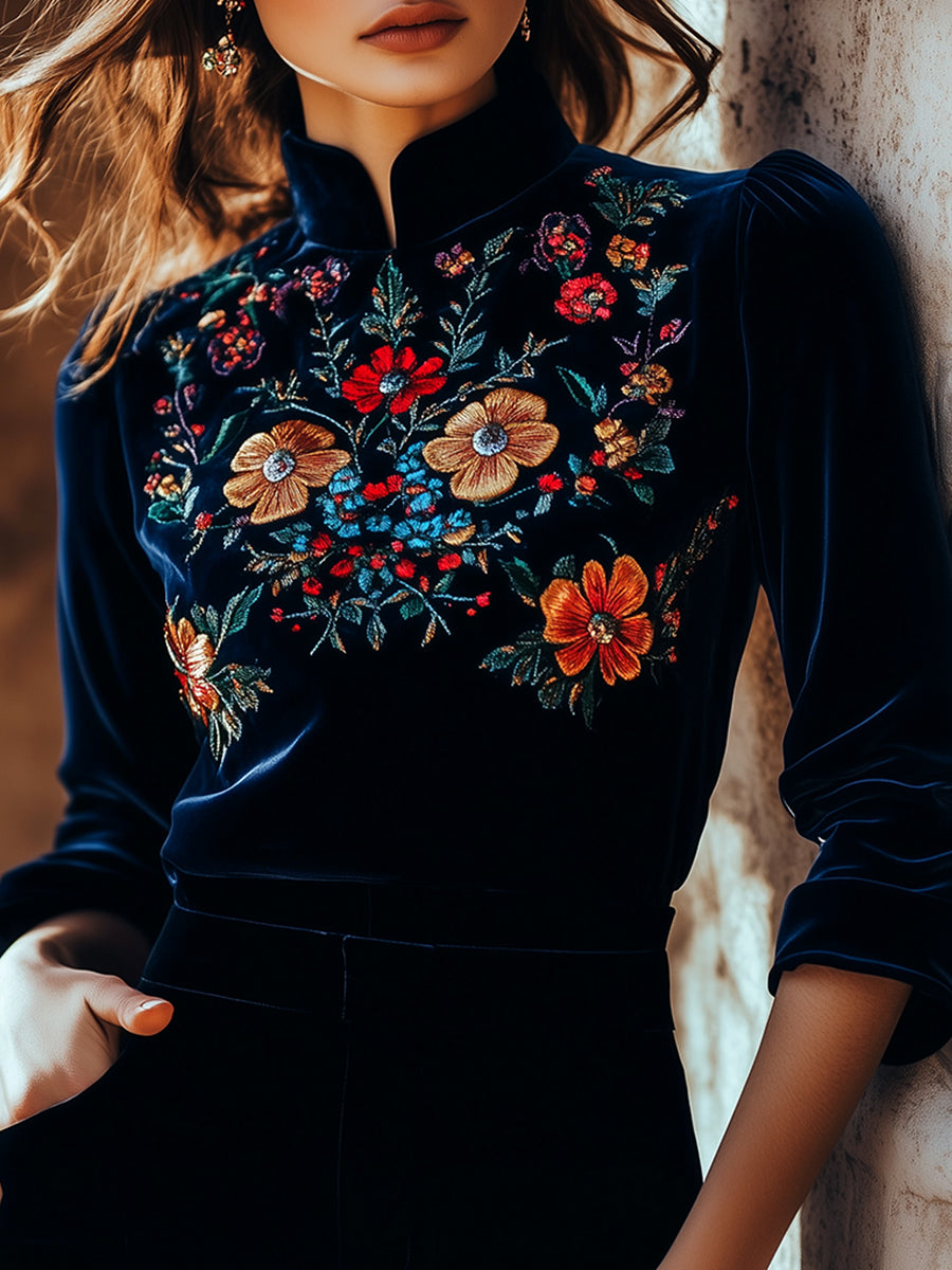 Canuck™| Elegant Stand Collar Embroidery Velvet Long Sleeves Top