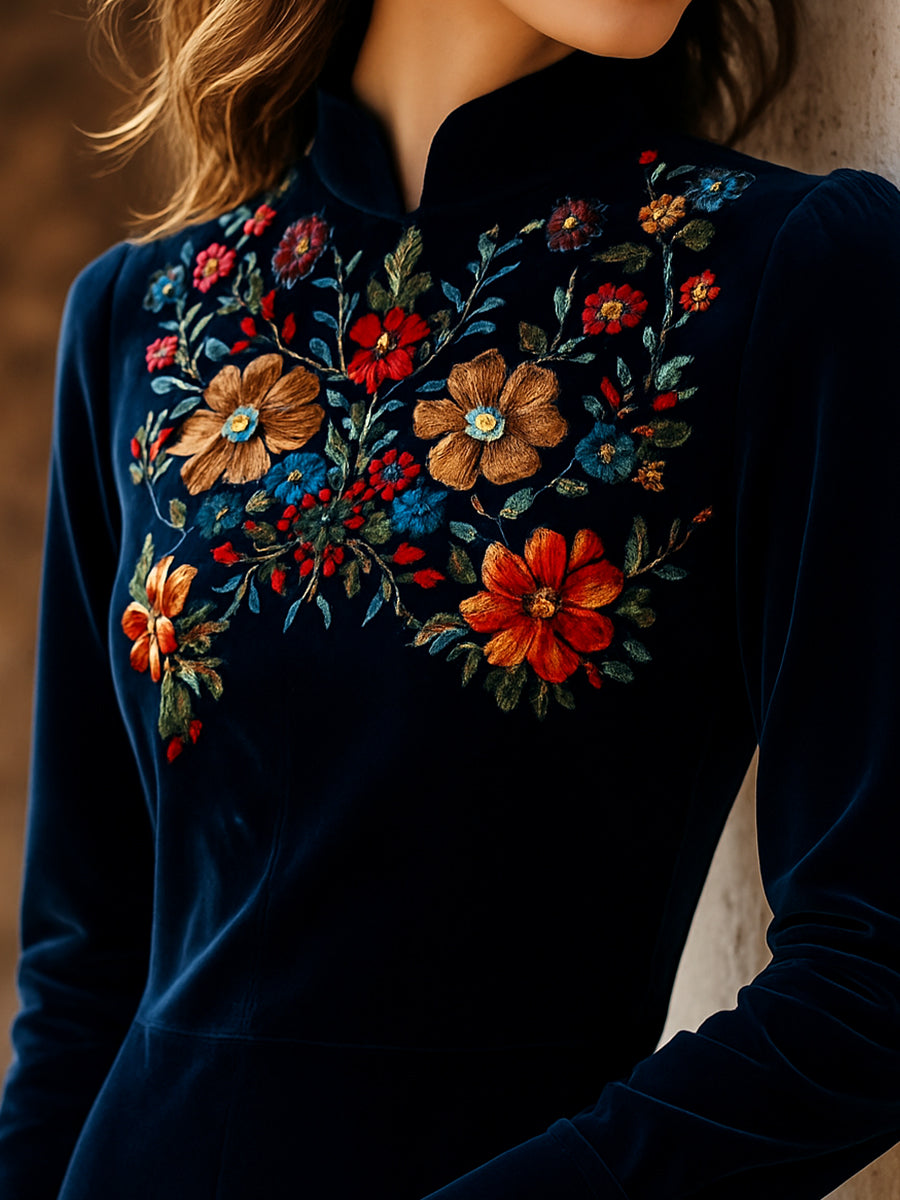 Canuck™| Elegant Stand Collar Embroidery Velvet Long Sleeves Top