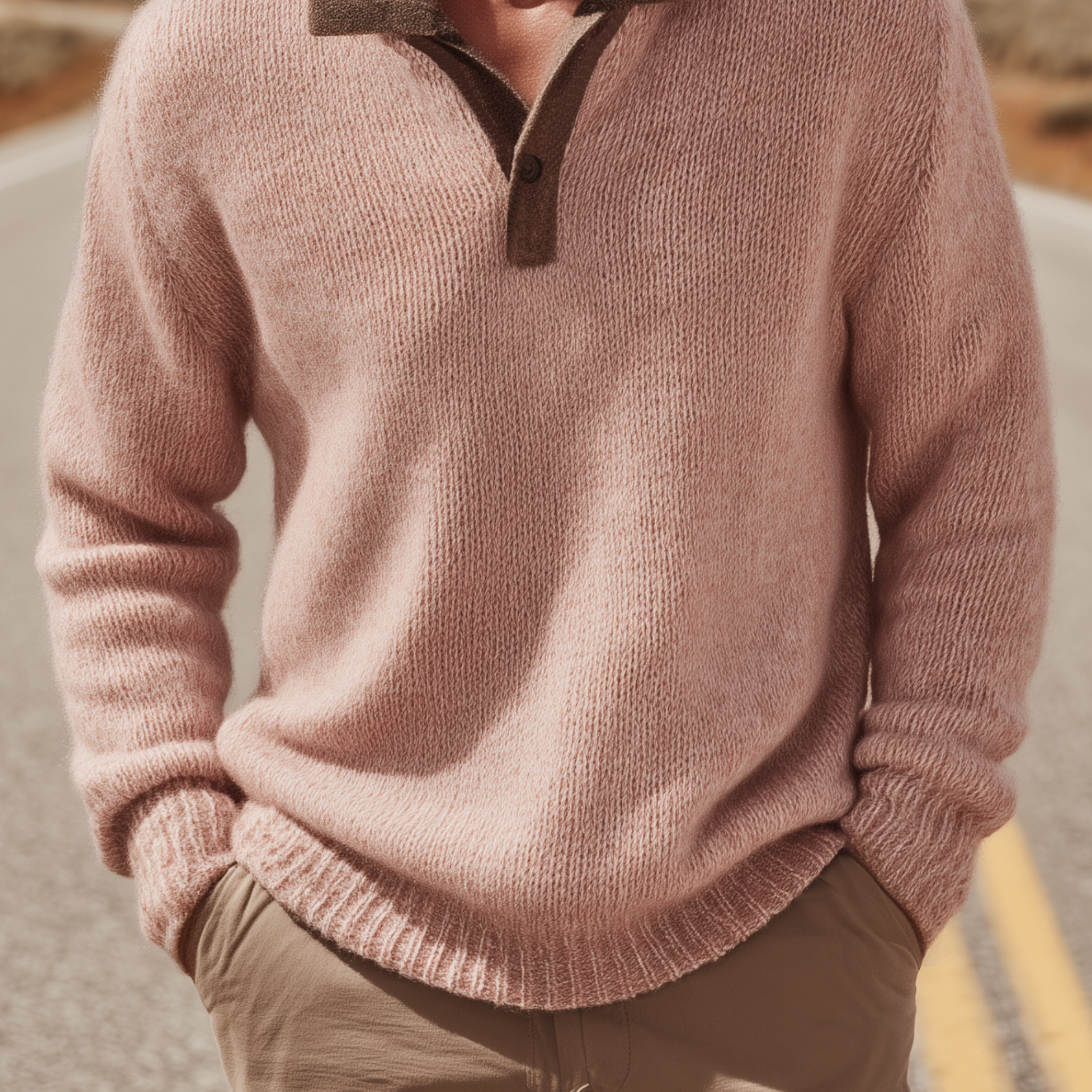 Canuck™| Classic Casual Lapel Contrast Color Pink Knit Sweater