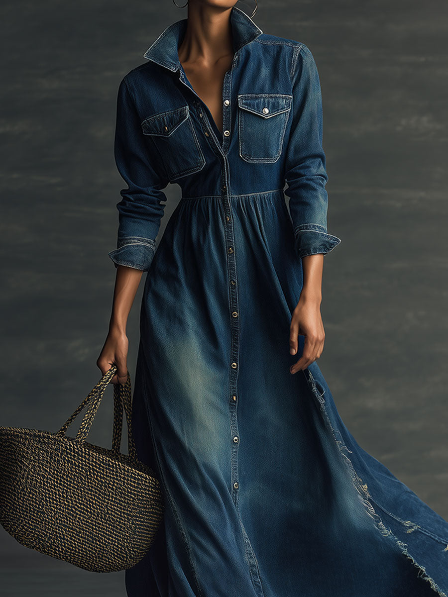 Canuck™| Stylish Stand Collar Washed Raw Hem Maxi Dress