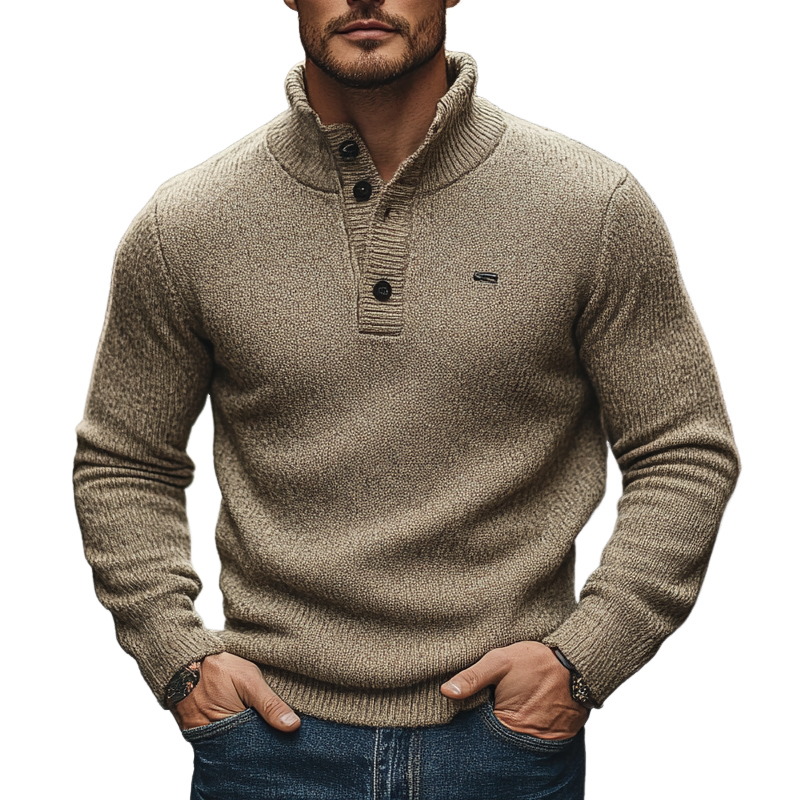 Canuck™| Solid Color Casual Stand Collar Button Pullover Sweater