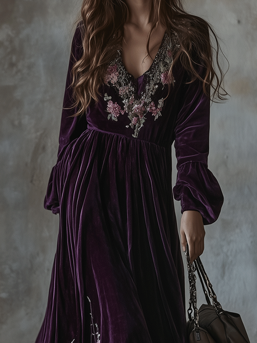 Canuck™| Vintage Floral Embroidered Velvet Maxi Dress