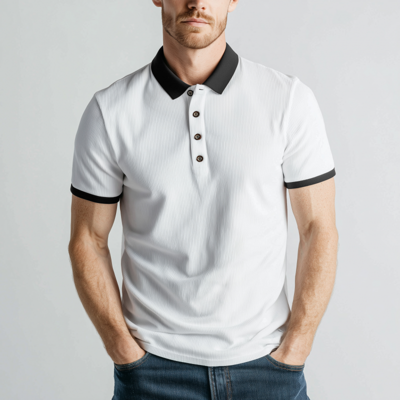 Canuck™| Casual Cotton Blend Colorblock Ribbed Lapel Slim Fit Short Sleeve Polo Shirt