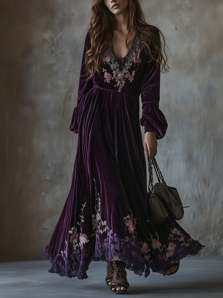 Canuck™| Vintage Floral Embroidered Velvet Maxi Dress