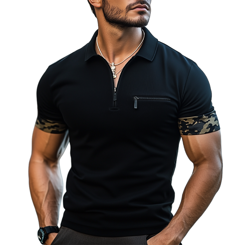Canuck™| Classic Cotton Camouflage Paneled Short Sleeve Zip-Up Polo Shirt