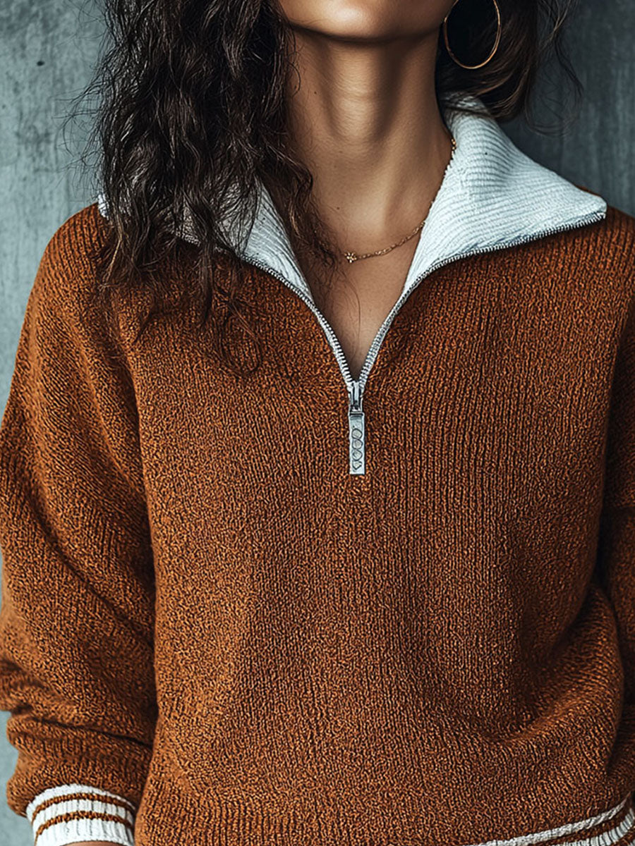 Canuck™| Retro Stripe Brown Half-Zip Pullover Sweater With Contrast Collar