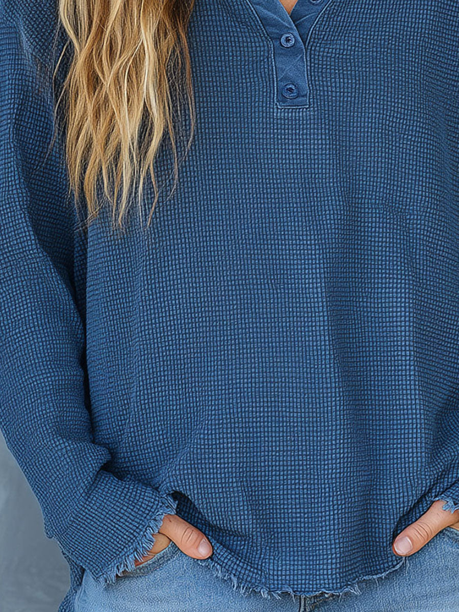 Canuck™| Casual Henley Button Neck Waffle Knit Top With Frayed Hem