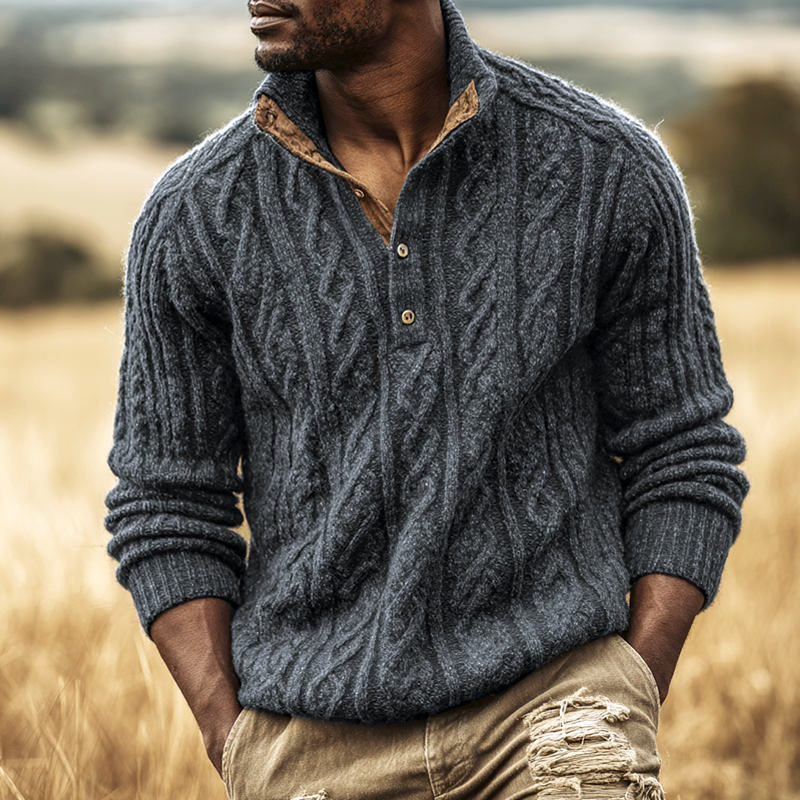 Canuck™| Solid Cable Knit Henley Collar Long Sleeve Sweater
