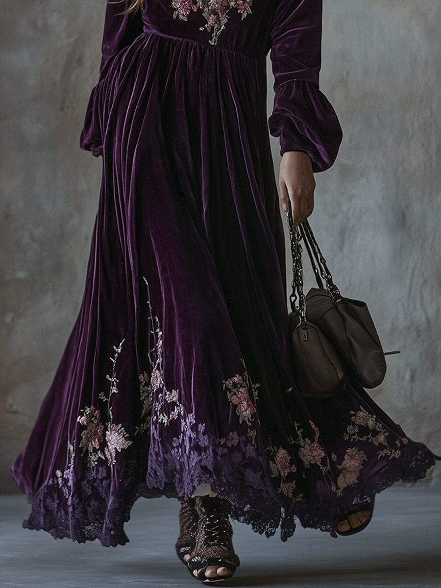 Canuck™| Vintage Floral Embroidered Velvet Maxi Dress