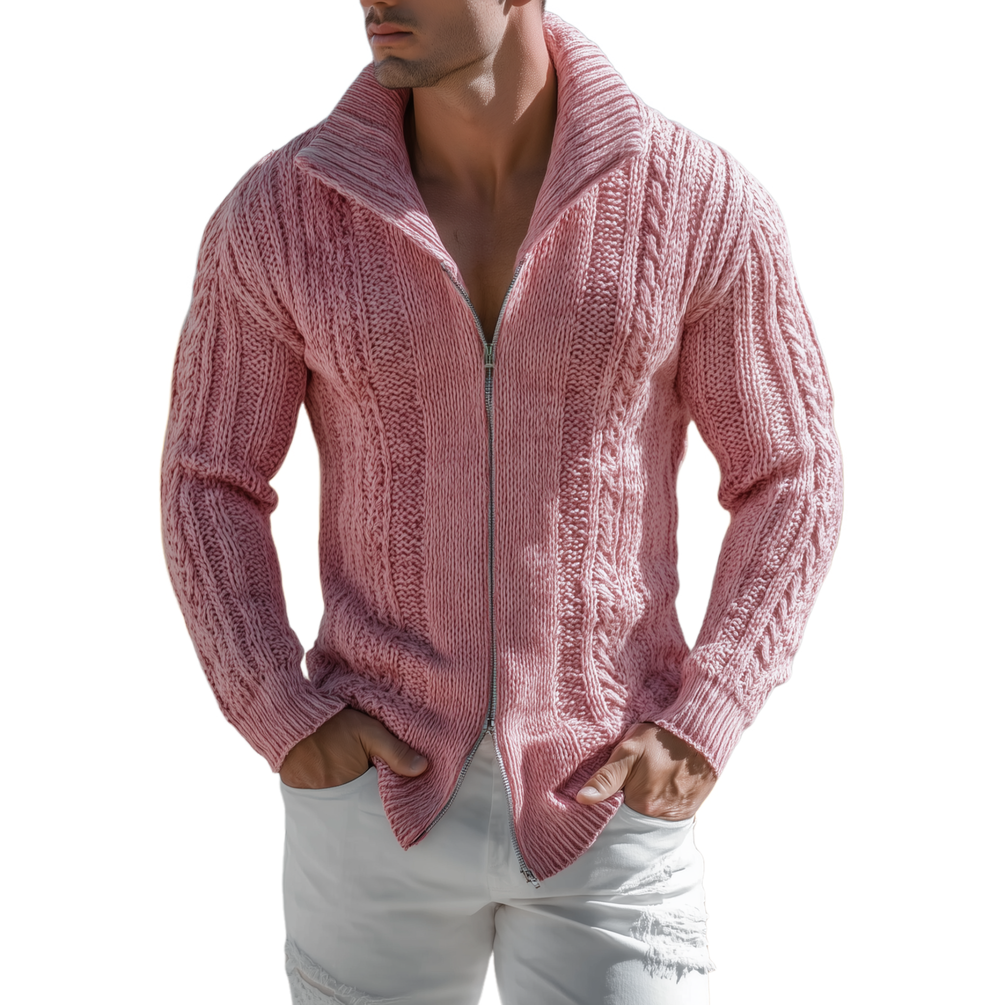 Canuck™| Classic Casual Western Tough Style Stand Collar Zipper Slim Pink Knit Cardigan