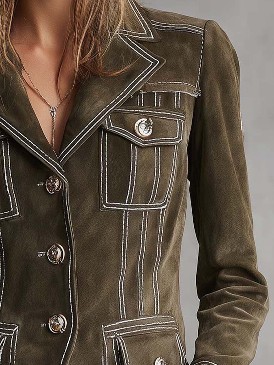 Canuck™| Olive Green Suede Tailored Jacket With Contrast Stitching