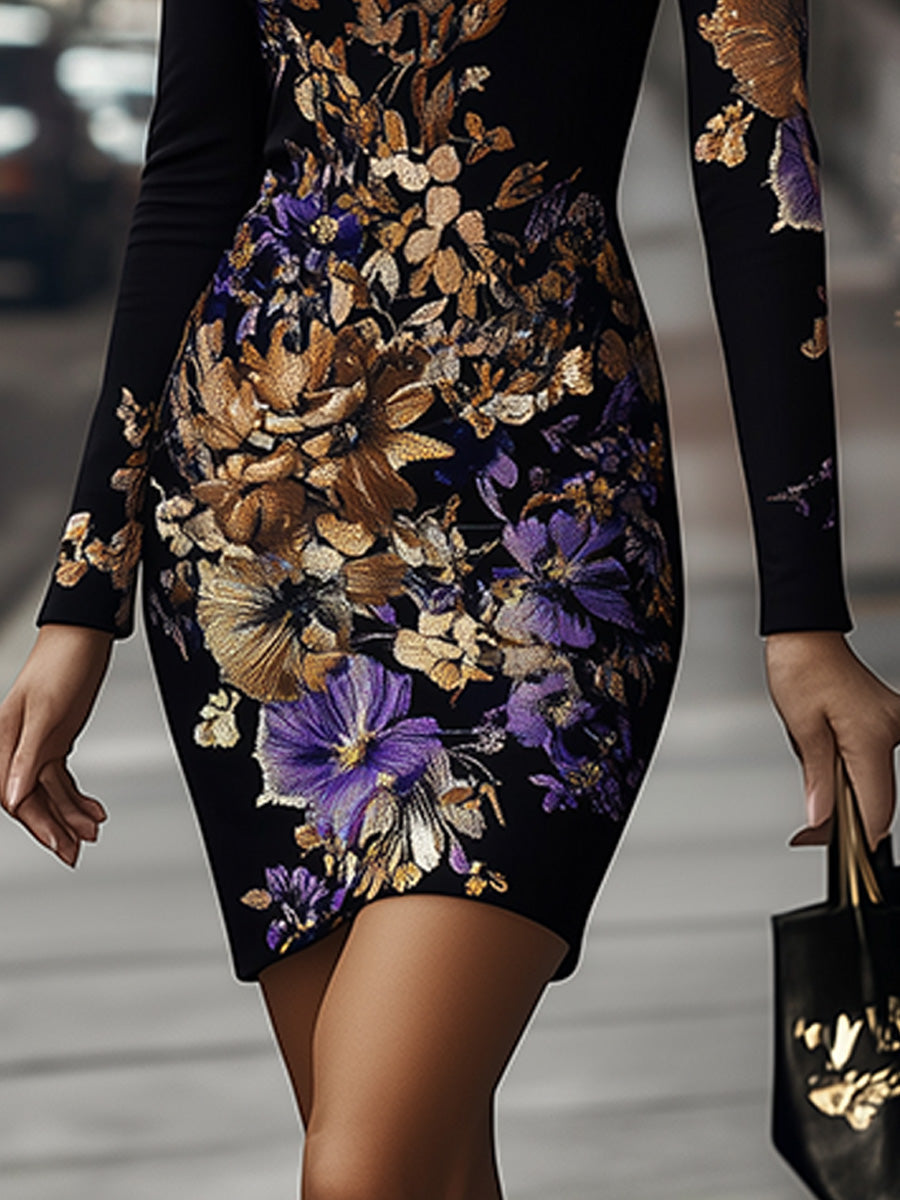 Canuck™| Elegant Round Neck Floral Long Sleeve Bodycon Dress
