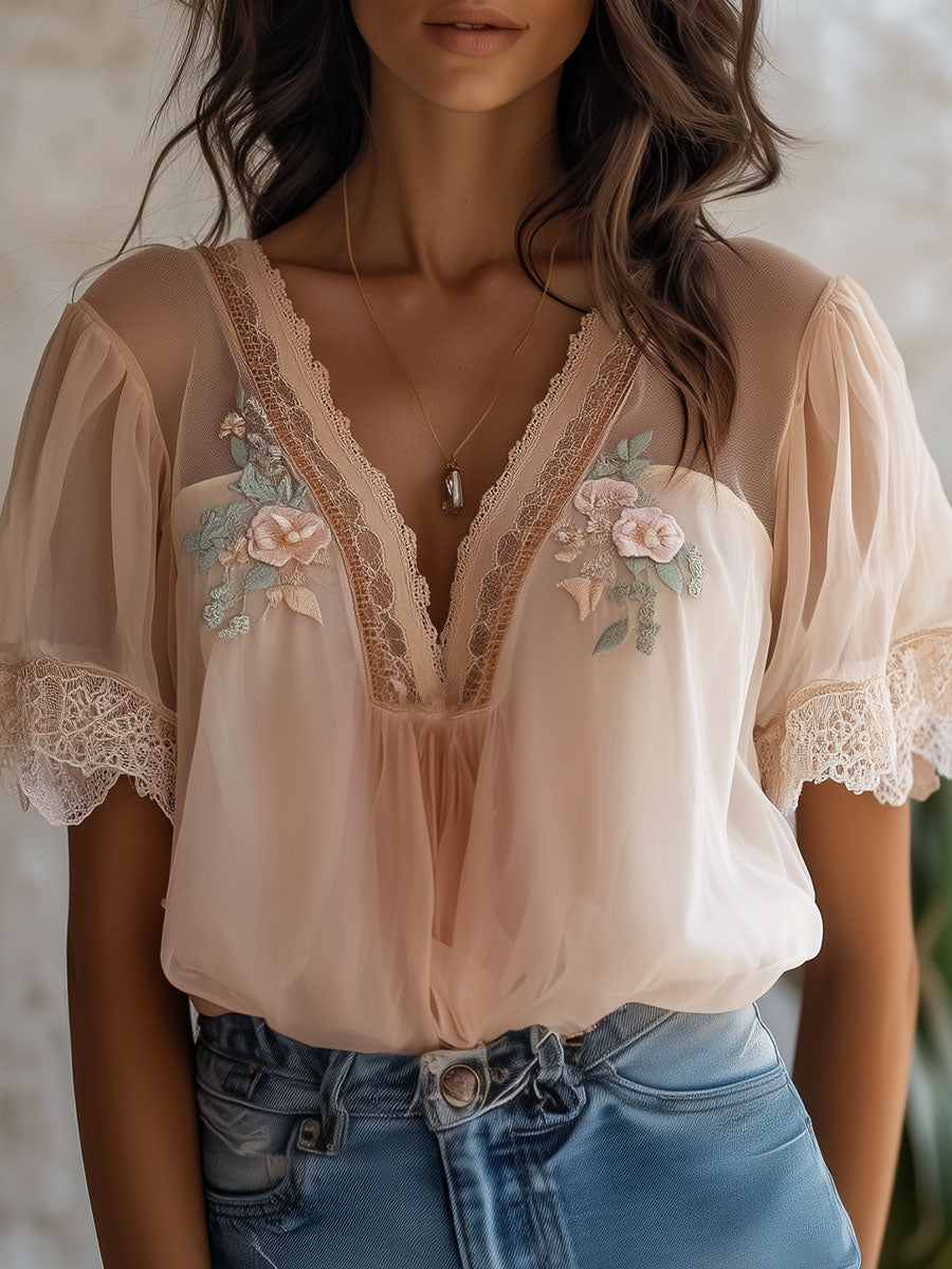 Canuck™| Boho Floral Embroidered Chiffon Blouse
